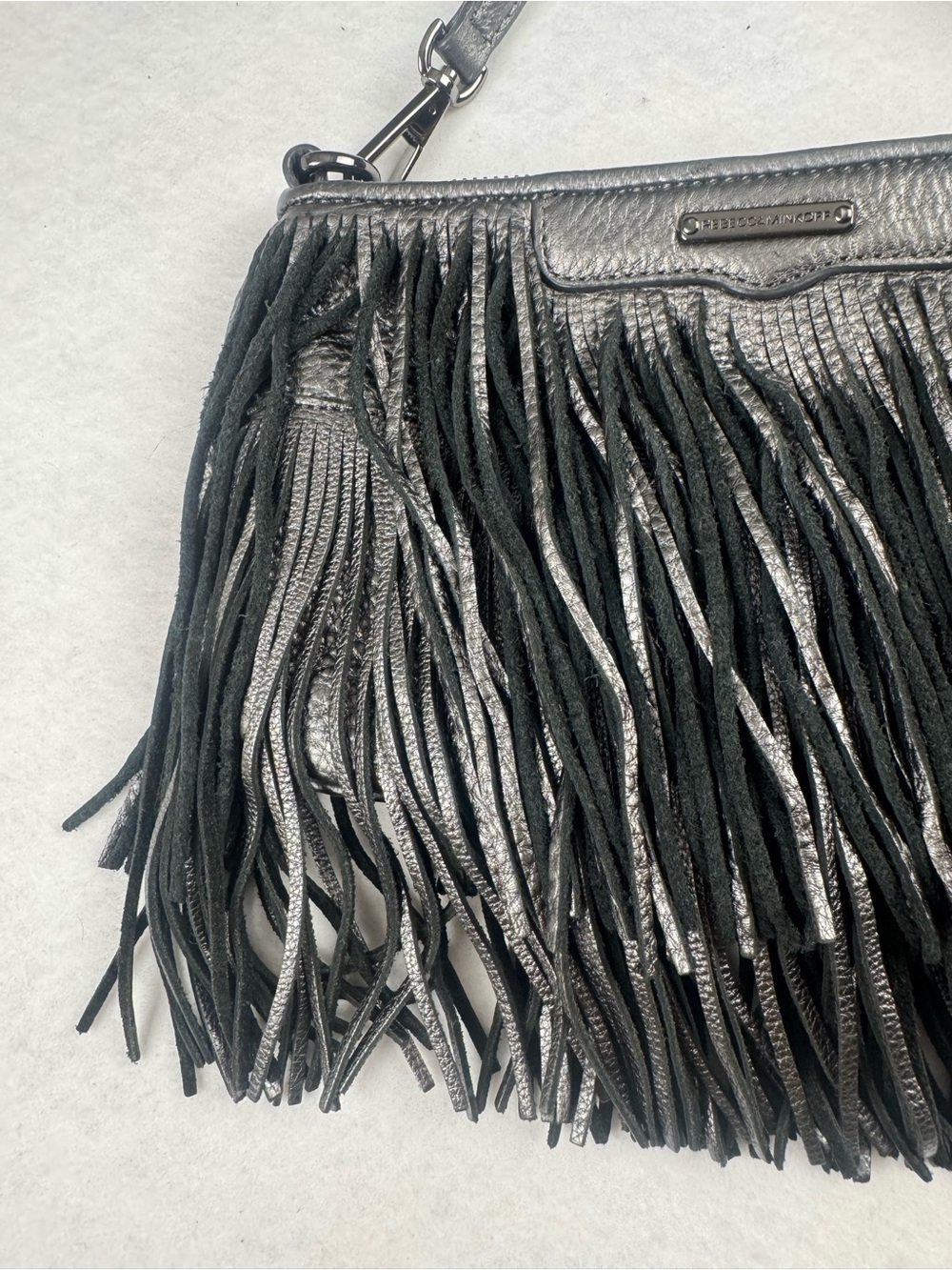 Rebecca Minkoff Fringe Crossbody Bag Gray Leather Boho - Picture 4 of 12